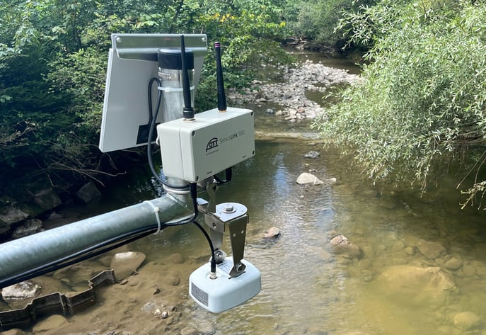OTT RLS 500 mounted above water surface for continuous level, flow, and discharge measurements